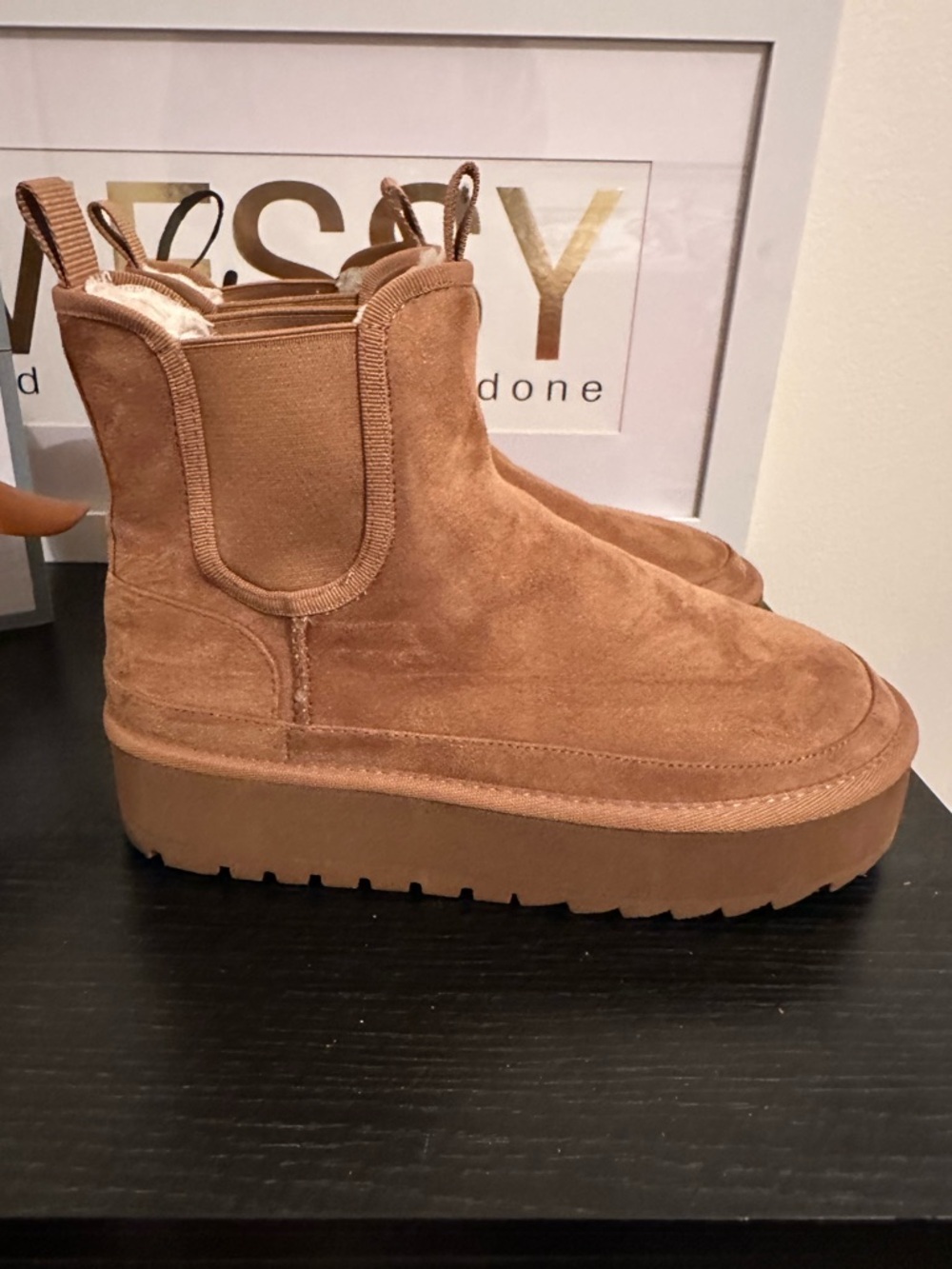 Women's Suede Platform Chelsea Booties in Chestnut Tan